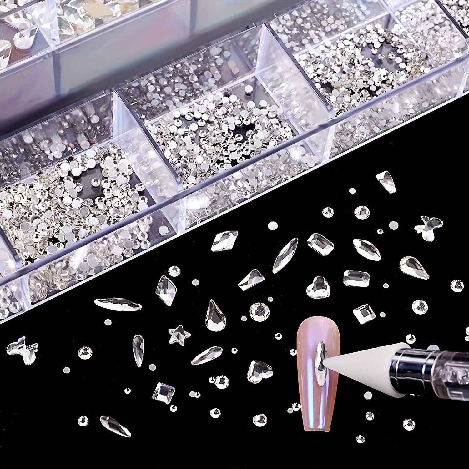 Nail Rhinestones Kit, Nail Art Decorations Flat AB Rhinestones Kit DIY Crafts Gemstones for Nail, Shoes, Clothes, Jewels (600 Clear Diamonds + 2500 Flat Rhinestones)